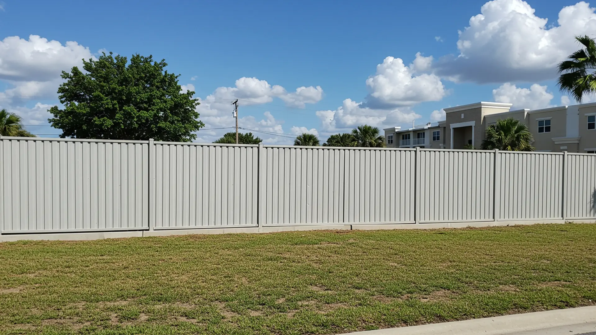 Tall, white panel-style commercial fence bordering an apartment complex, with manicured grass in the foreground and a clear blue sky above.