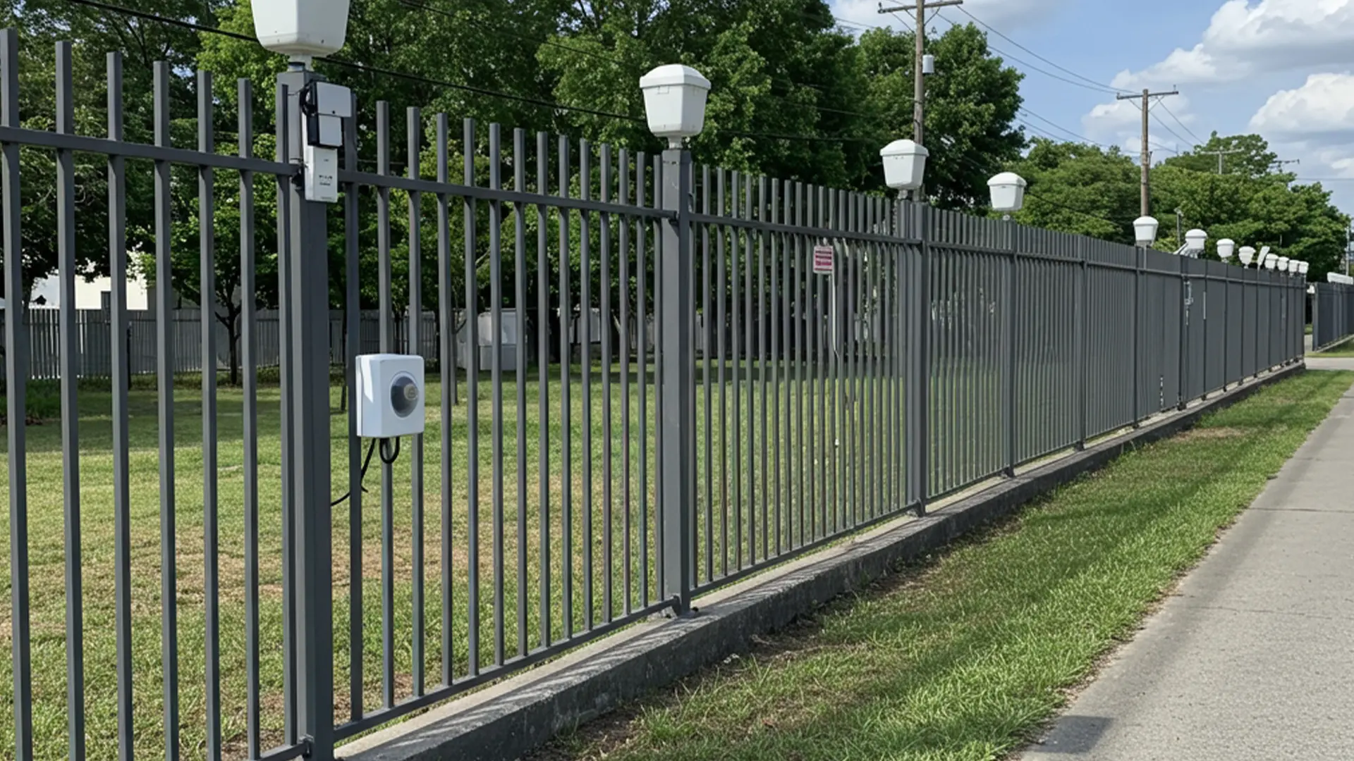 A dark metal security fence with vertical pickets and evenly spaced mounted white security lights runs alongside a sidewalk. Small electrical boxes are attached to the fence posts, and green grass fills the enclosed area.