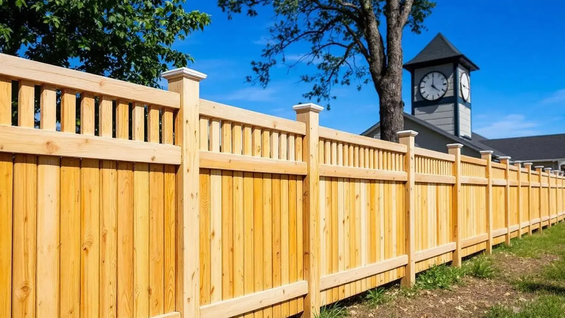 Freshly installed cedar privacy fence with vertical planks and evenly spaced decorative crown post caps, set in a landscaped suburban yard with green grass and trees.