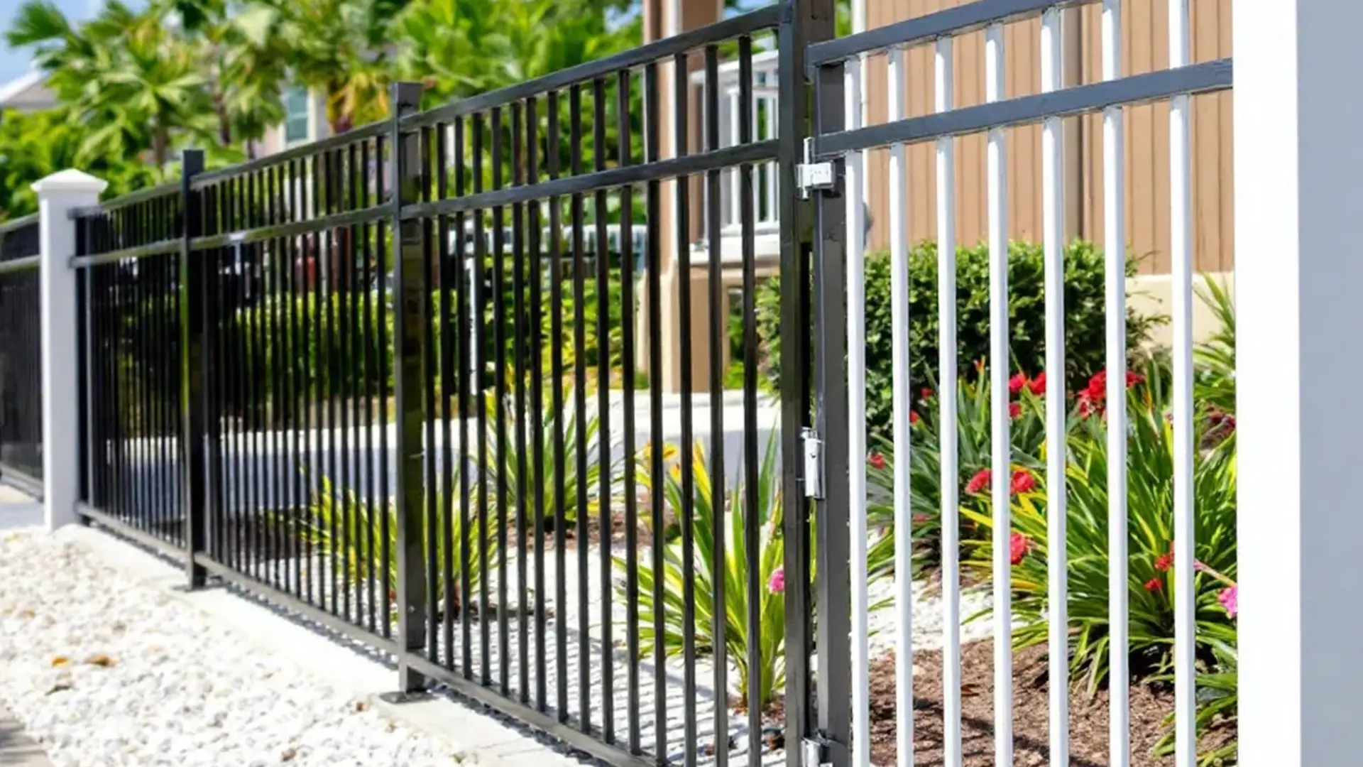 A sleek black and white aluminum fence with a matching gate lines the edge of a landscaped front yard featuring tropical plants and white decorative rocks. The modern fencing design complements the warm tones of the nearby house and provides both style and security.