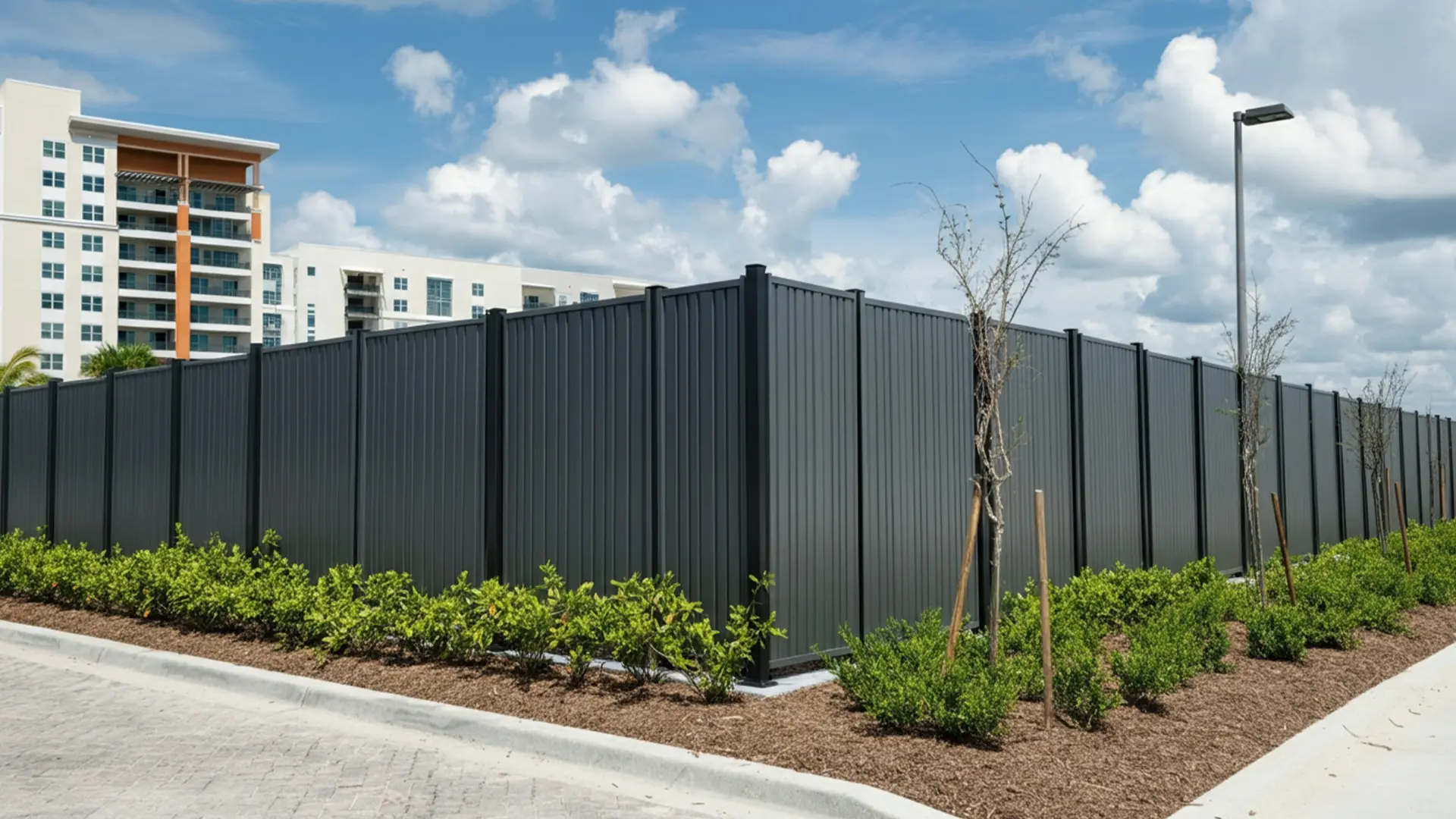 Tall, dark gray corrugated metal security fence surrounding a hotel property, with landscaping at the base and multi-story buildings in the background.