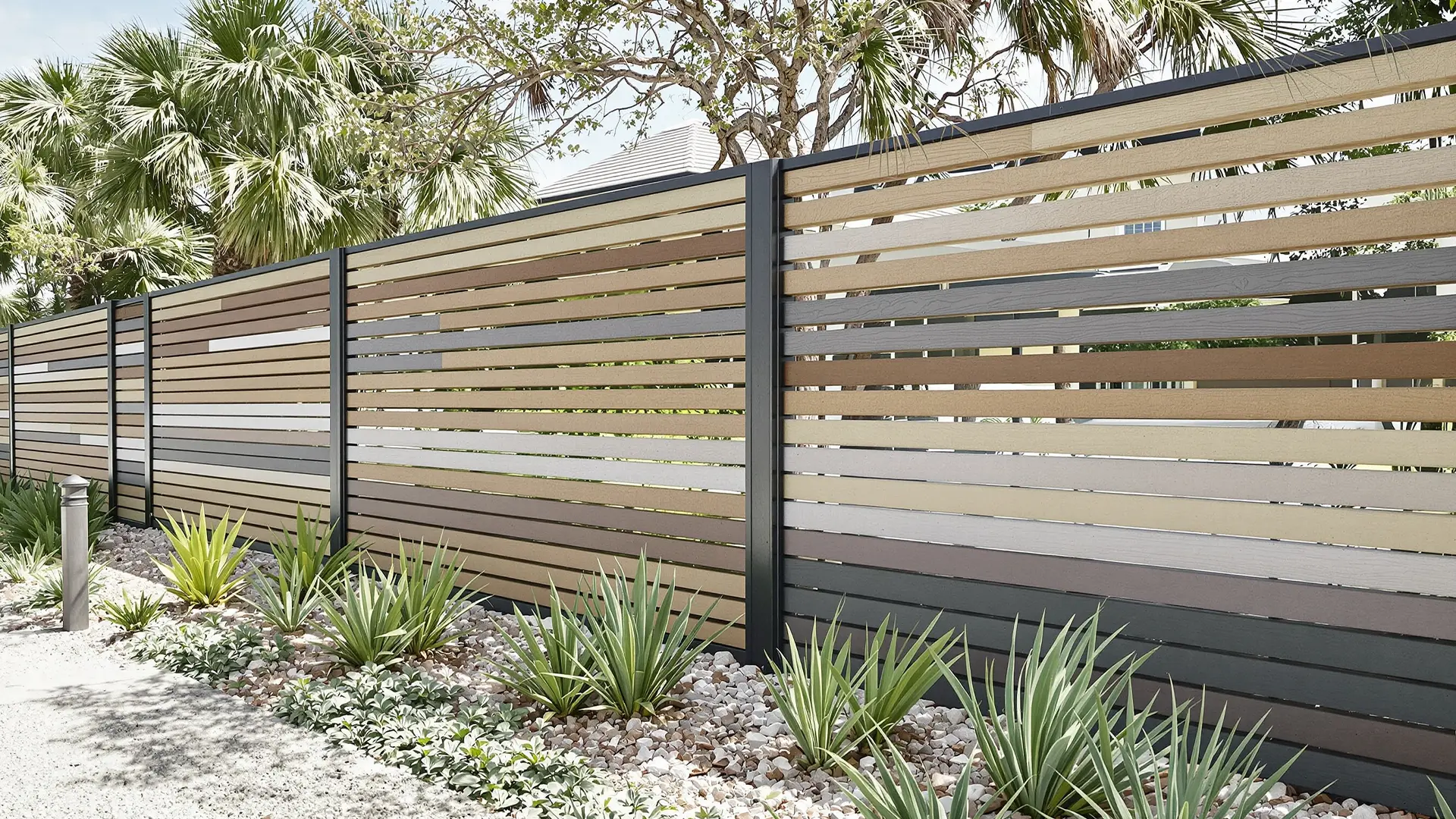 A modern privacy fence made of multicolored horizontal composite slats in shades of brown, tan, and gray stands alongside a landscaped walkway. The base of the fence is lined with decorative rocks, low greenery, and spiky desert plants, with palm trees and a building visible in the background.