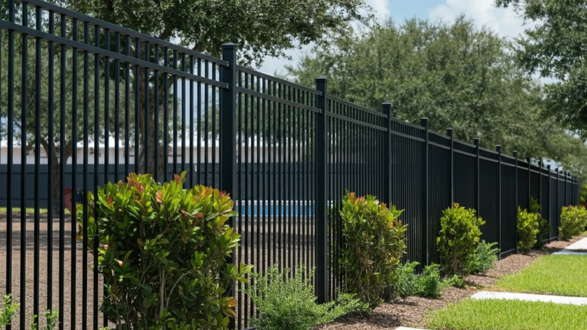 Tall black metal fence with vertical bars and landscaped shrubs, providing security around an apartment complex pool area