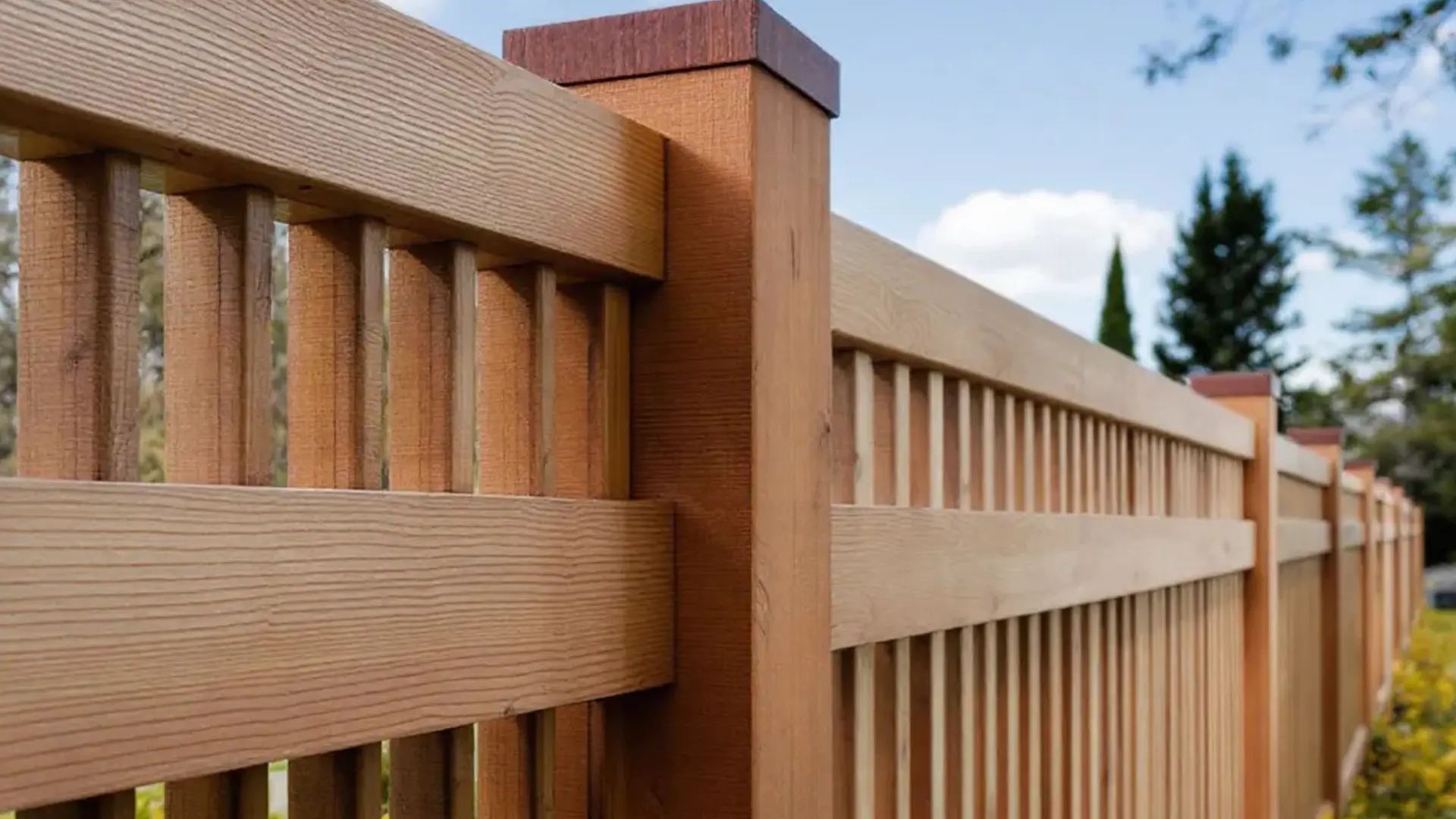 A beautifully crafted cedar fence with vertical slats and a lattice-inspired design, offering both privacy and elegance. The warm wood tones contrast against the blue sky and green foliage, showcasing expert craftsmanship and durable construction.