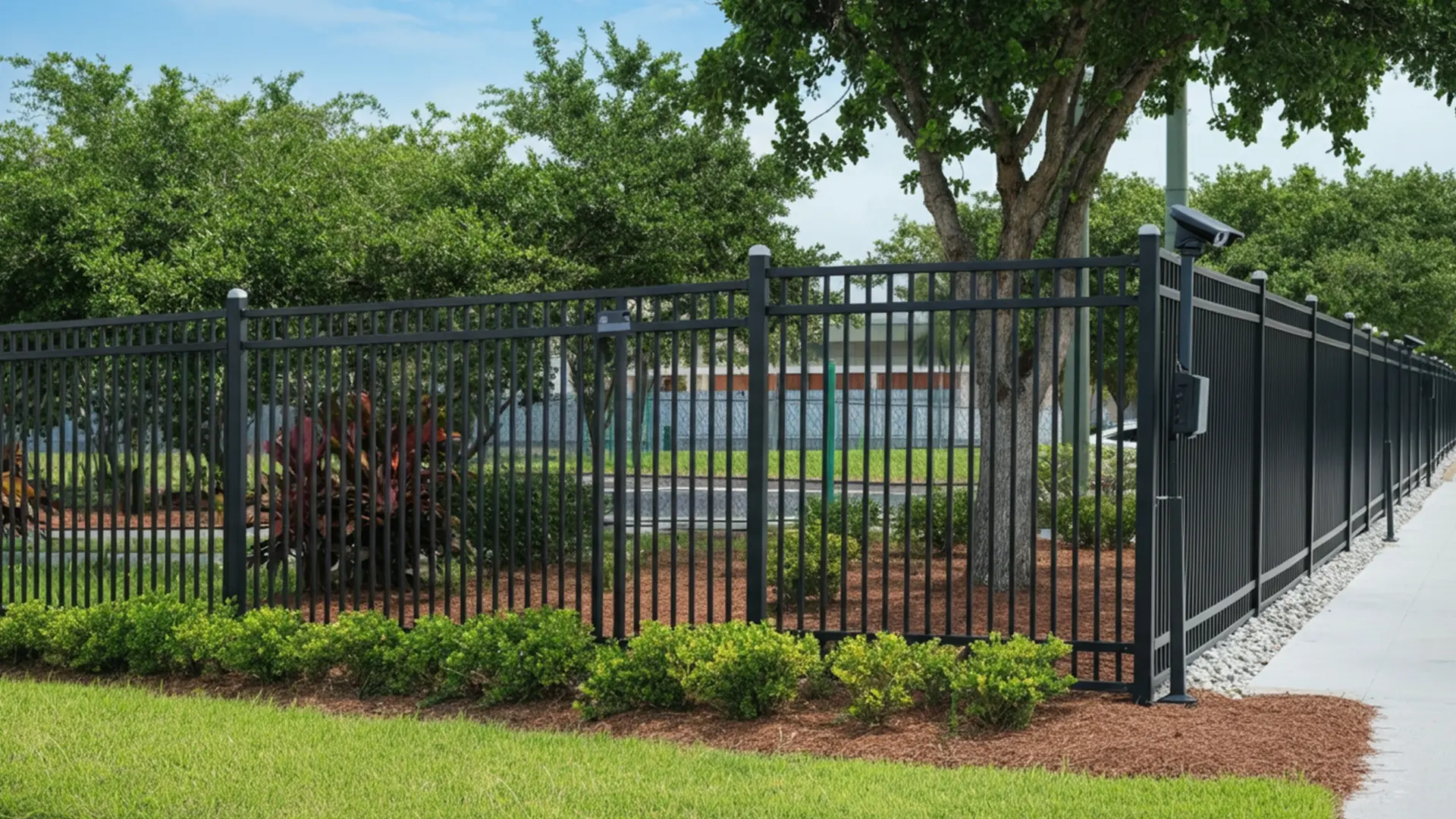 Tall black metal fence with vertical bars surrounding a landscaped park area, featuring integrated security cameras and lush green trees in the background
