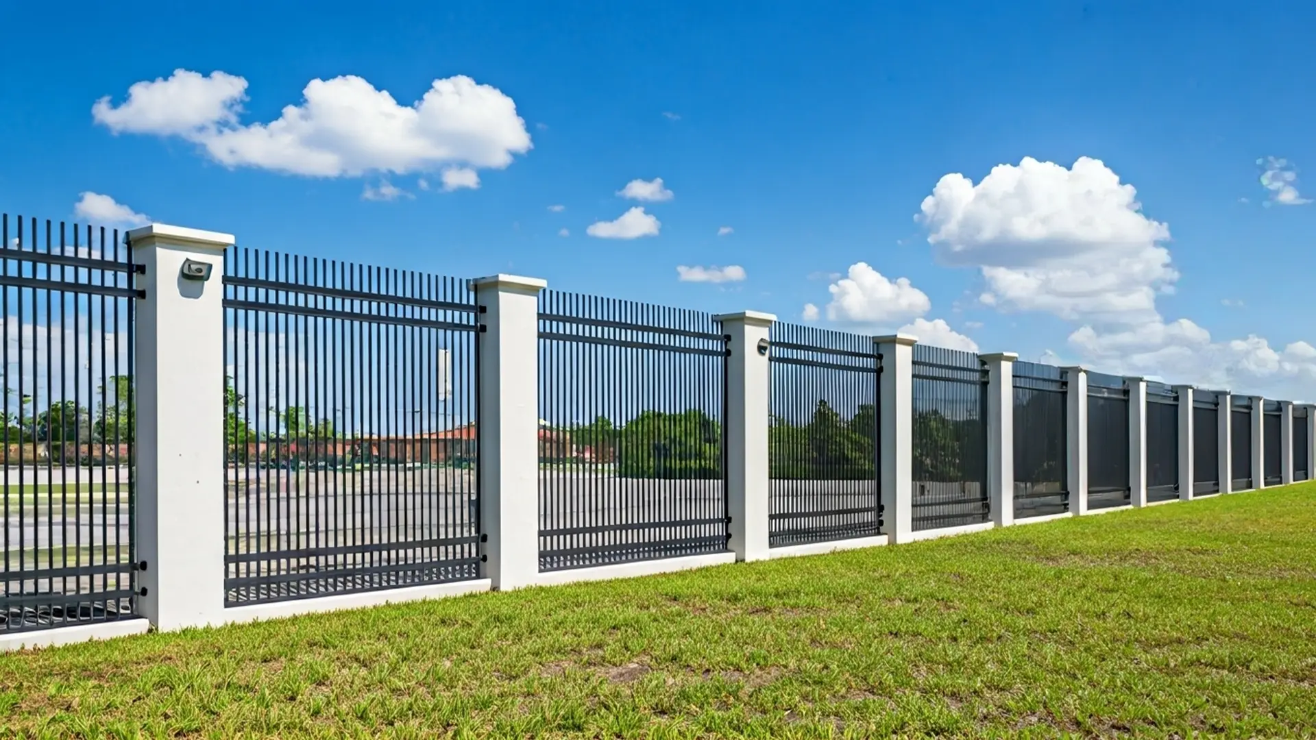 Tall Steel Bar Fence with Large Square Columns