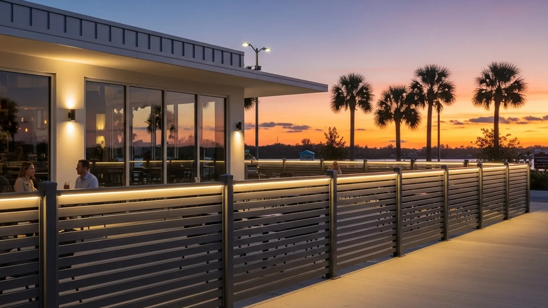 A contemporary aluminum fence enhanced with integrated LED lighting, enclosing a waterfront restaurant patio at sunset. The sleek horizontal design and warm ambient glow create a refined, inviting atmosphere perfect for evening dining and coastal settings.