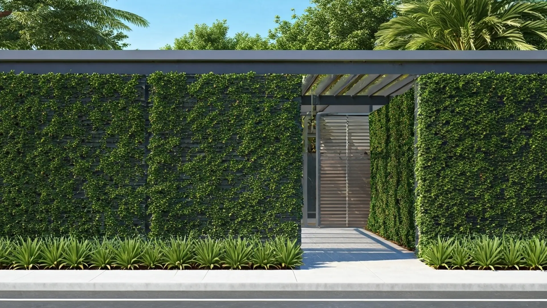 A contemporary office entrance is framed by tall living wall fences covered in dense green vines. A pathway leads through the structure to a wooden slatted door, with neatly planted shrubs at the base and palm trees in the background.