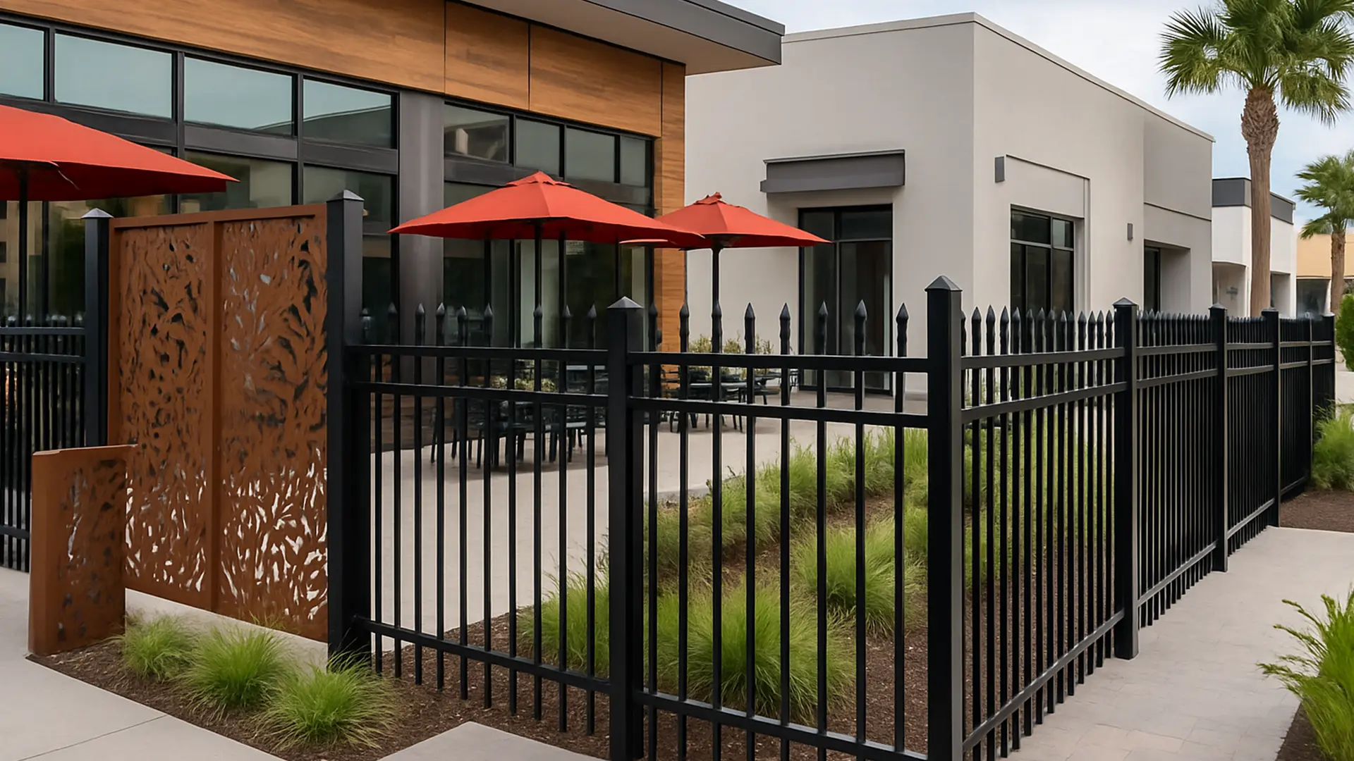 A sleek black iron fence borders a contemporary commercial patio featuring striking red umbrellas and warm wood accents. Laser-cut decorative steel panels add texture and style, blending security with upscale design for restaurants or mixed-use properties.