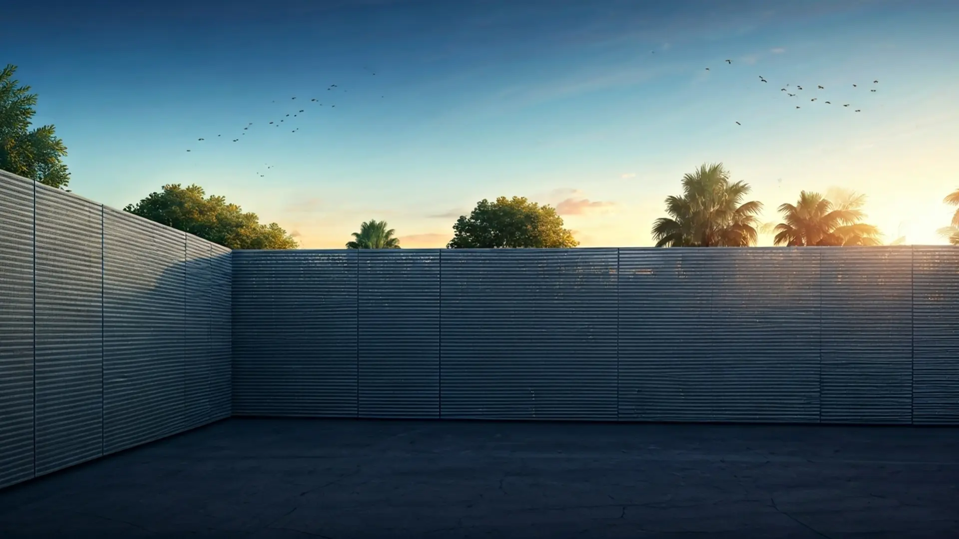 A corrugated metal panel fence forms a corner barrier, with the sun setting behind palm trees and birds in the sky.
