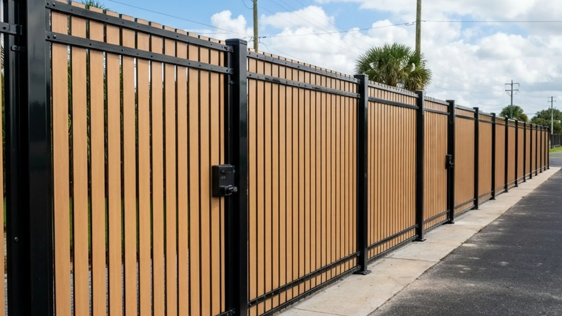 A contemporary privacy fence featuring vertical wood-look composite panels framed in sleek black metal runs parallel to a paved driveway. The clean, structured design contrasts with the bright blue sky and palm trees in the background, creating a polished and durable commercial boundary.