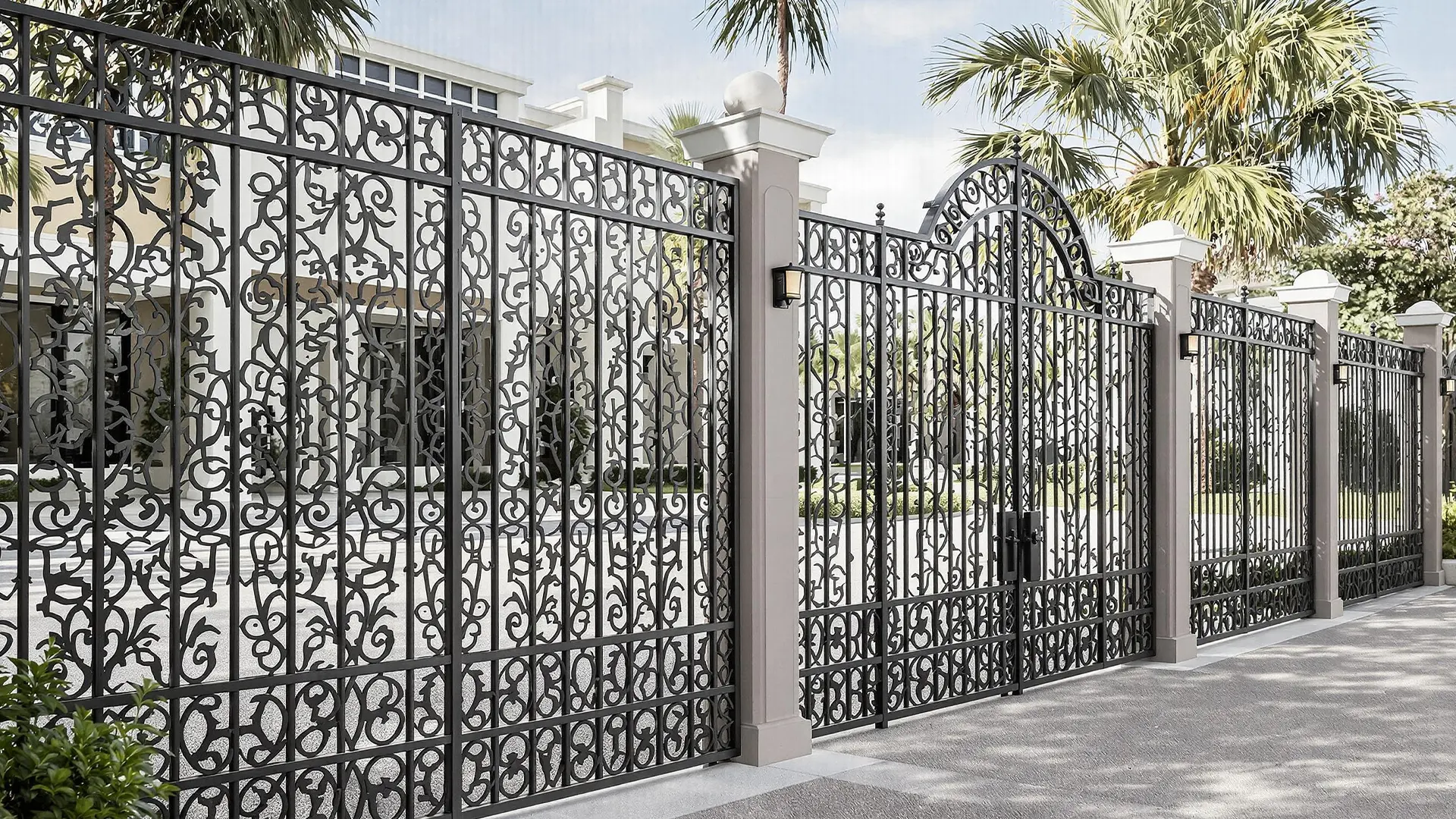 Ornate black iron driveway gate with intricate scrollwork set between stone columns.