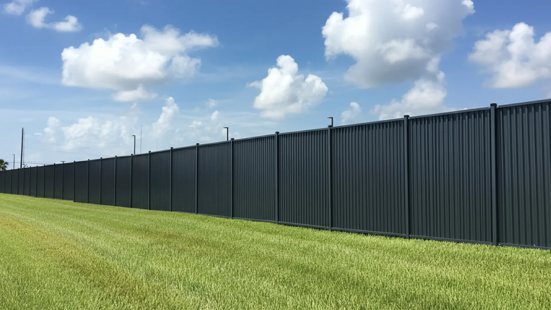 A tall, solid black corrugated metal privacy fence runs along a grassy field under a partly cloudy blue sky.