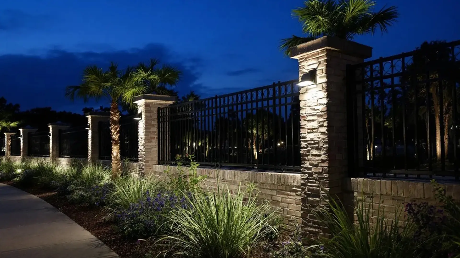 A decorative fence with tall stone columns topped with palm plants and black iron bars runs along a landscaped sidewalk. Spotlights shine upward on the columns, highlighting the texture of the stone, while ornamental grasses and flowers grow at the base. The photo is taken at night with a deep blue sky in the background.