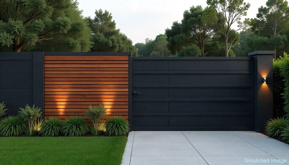 Modern horizontal privacy fence with a sleek black composite frame and wood slat inlay, illuminated by soft uplighting, set behind a manicured lawn and landscaping at dusk.