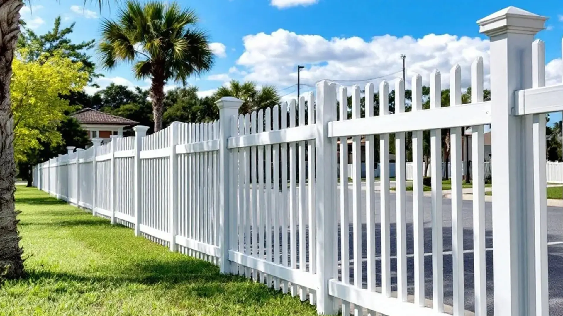 A clean, white vinyl picket fence with decorative post caps runs alongside a well-manicured lawn and palm trees under a bright blue sky with scattered clouds. The fence adds a timeless, coastal charm to the sunny suburban setting.