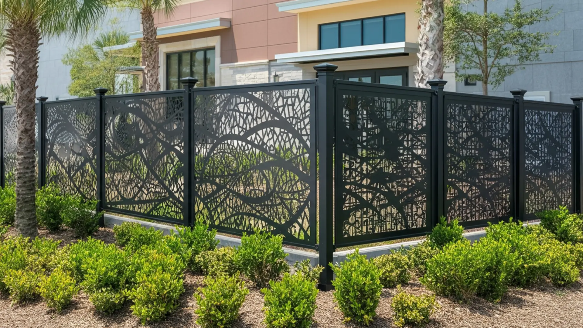 Modern privacy fence with abstract laser-cut metal panels surrounding a landscaped retail property.