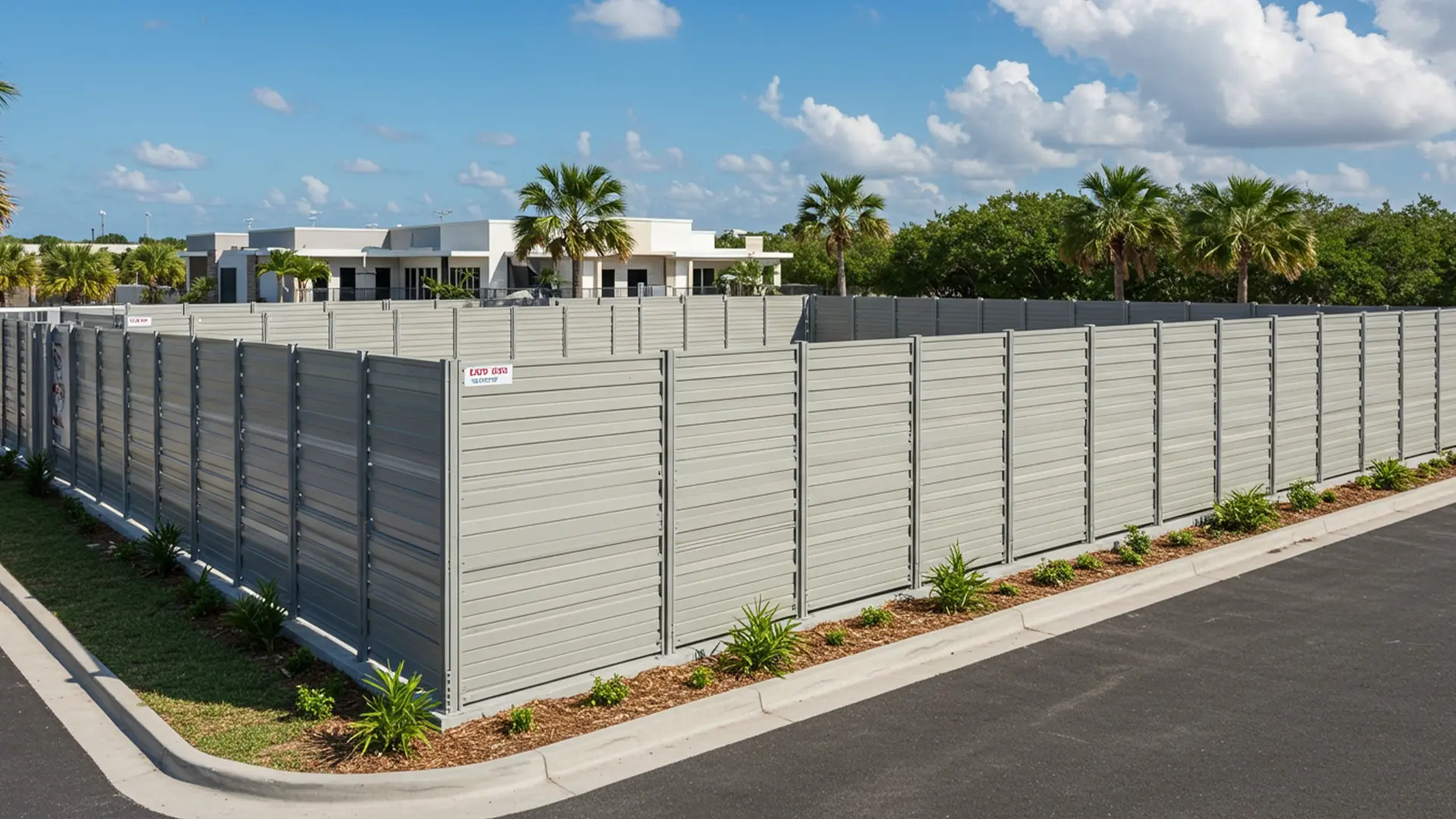 Light gray corrugated metal fence enclosing a utility area, with evenly spaced vertical supports and minimal landscaping along the perimeter.