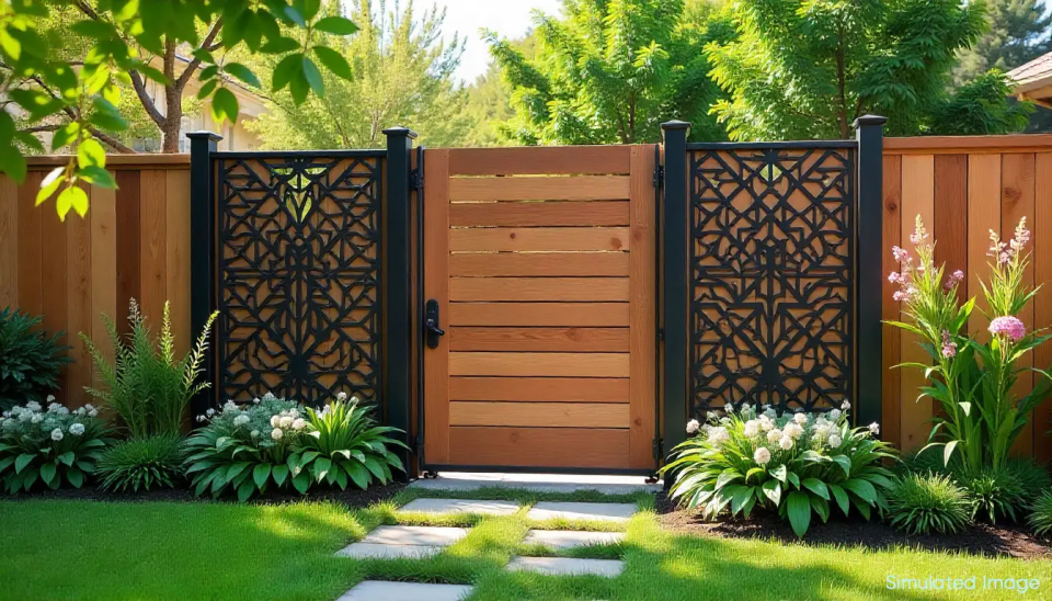 Stylish wooden gate with horizontal slats flanked by two detailed black laser-cut metal panels, framed by flowering plants and greenery under a canopy of trees.