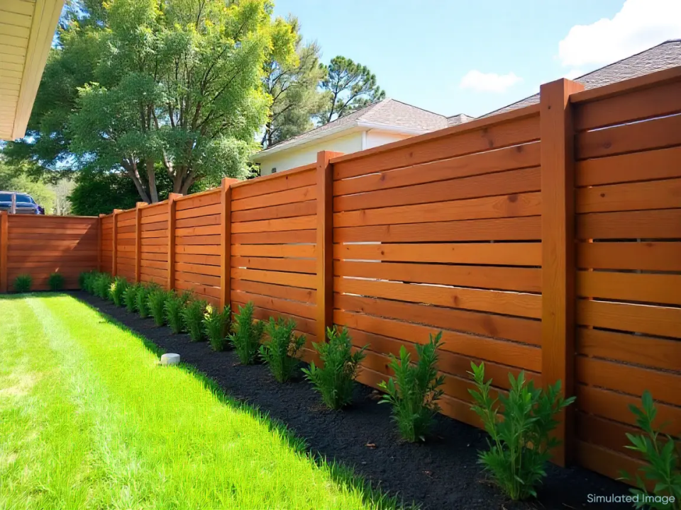 Side-by-side comparison of two backyard fences Side-by-side comparison of two backyard fences, one with horizontal natural wood slats and the other with white vertical vinyl panels, separated by a center post. Lush landscaping and palm trees visible behind both.