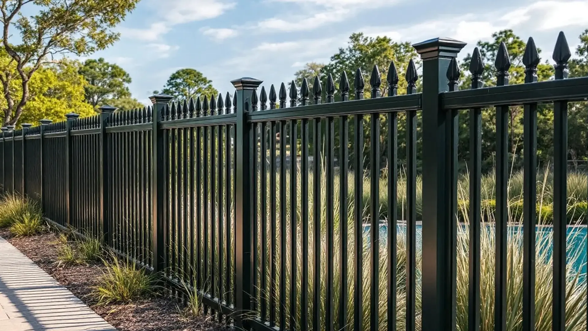 A tall black steel fence with decorative spiked tops lines a landscaped sidewalk. Grasses and plants grow at the base of the fence, with trees and a pool visible in the background under a partly cloudy sky.