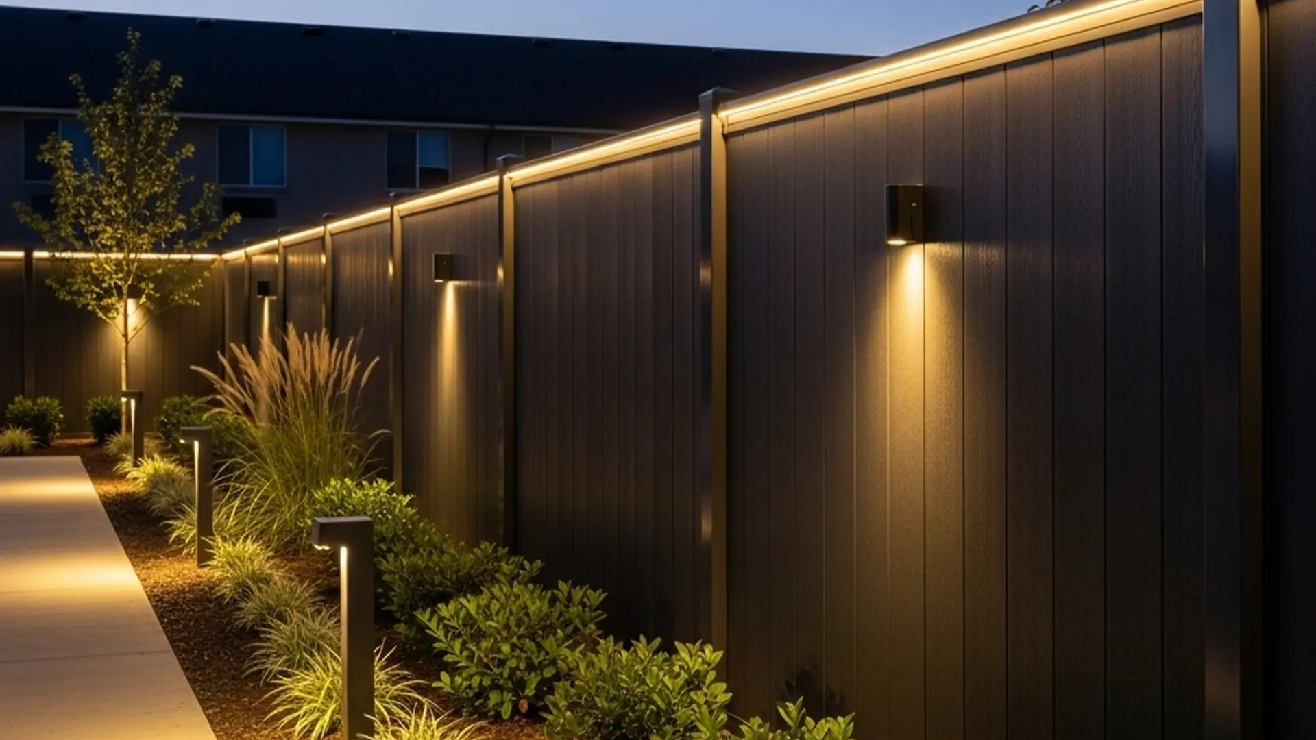 A tall black privacy fence runs alongside a landscaped sidewalk, lit by ground lights at dusk. Palm trees behind the fence are illuminated from below, casting warm light against the evening sky, while shrubs and greenery line the base of the fence.