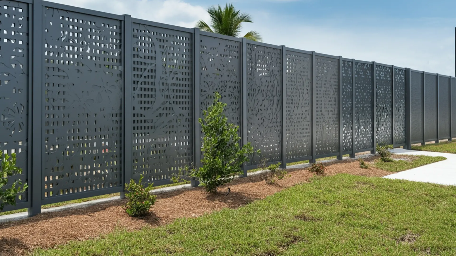 A tall gray privacy fence features decorative laser-cut floral and geometric patterns across its panels. Small shrubs and mulch landscaping line the base of the fence, with green grass, palm trees, and a bright sky in the background.