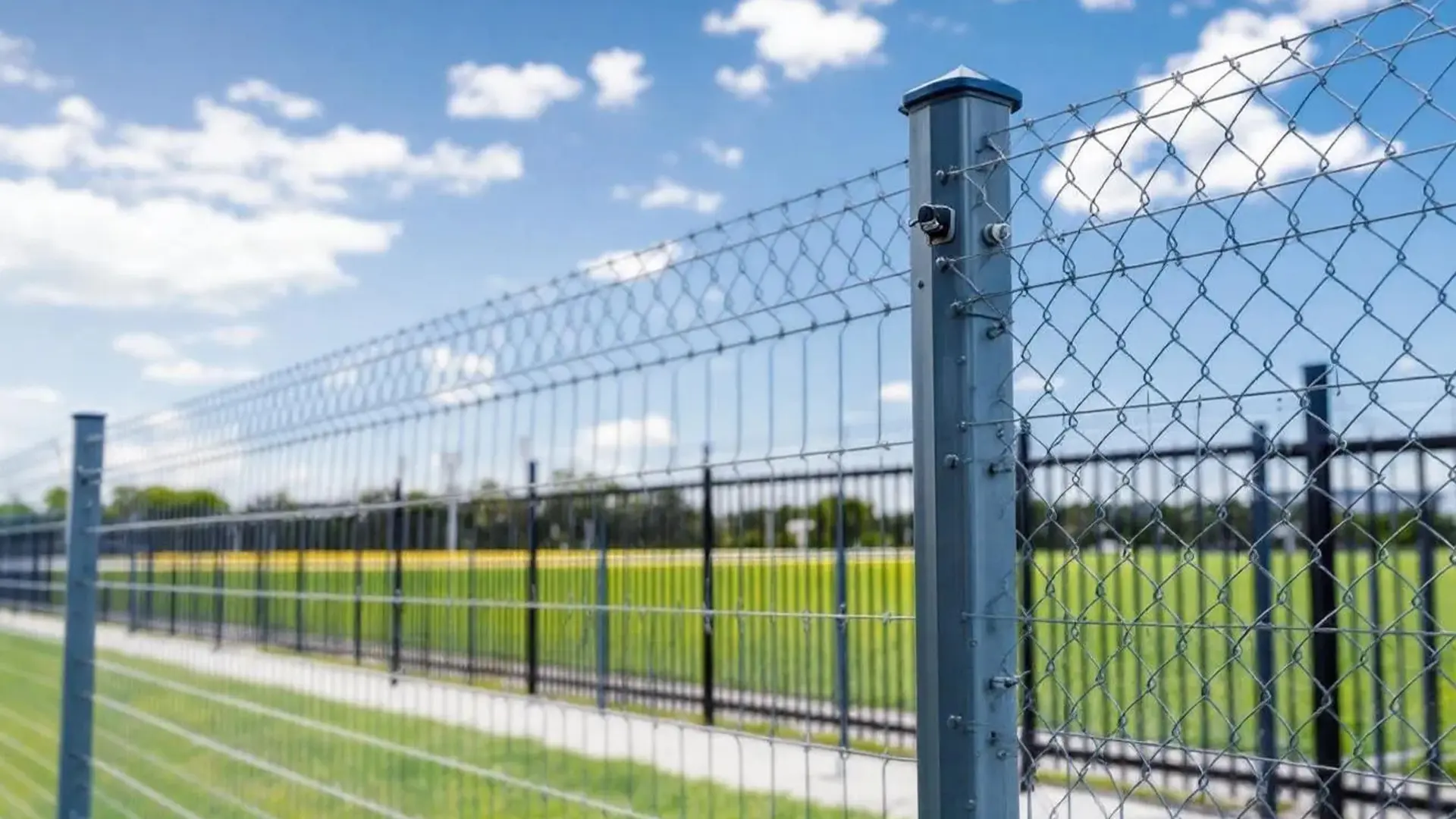 Close-up view of a galvanized chain-link fence with diamond-patterned mesh, supported by steel posts, enclosing a green sports field. A second black ornamental fence is visible in the distance under a sunny sky.