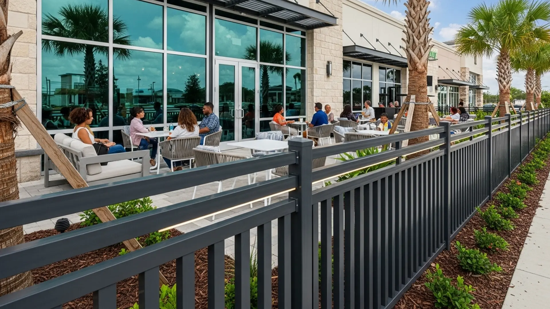 A sleek aluminum fence encloses a bustling outdoor dining patio, blending clean lines with modern design. The low-profile fence enhances the atmosphere of the space while providing safety and structure—perfect for restaurants and cafés in vibrant commercial districts.