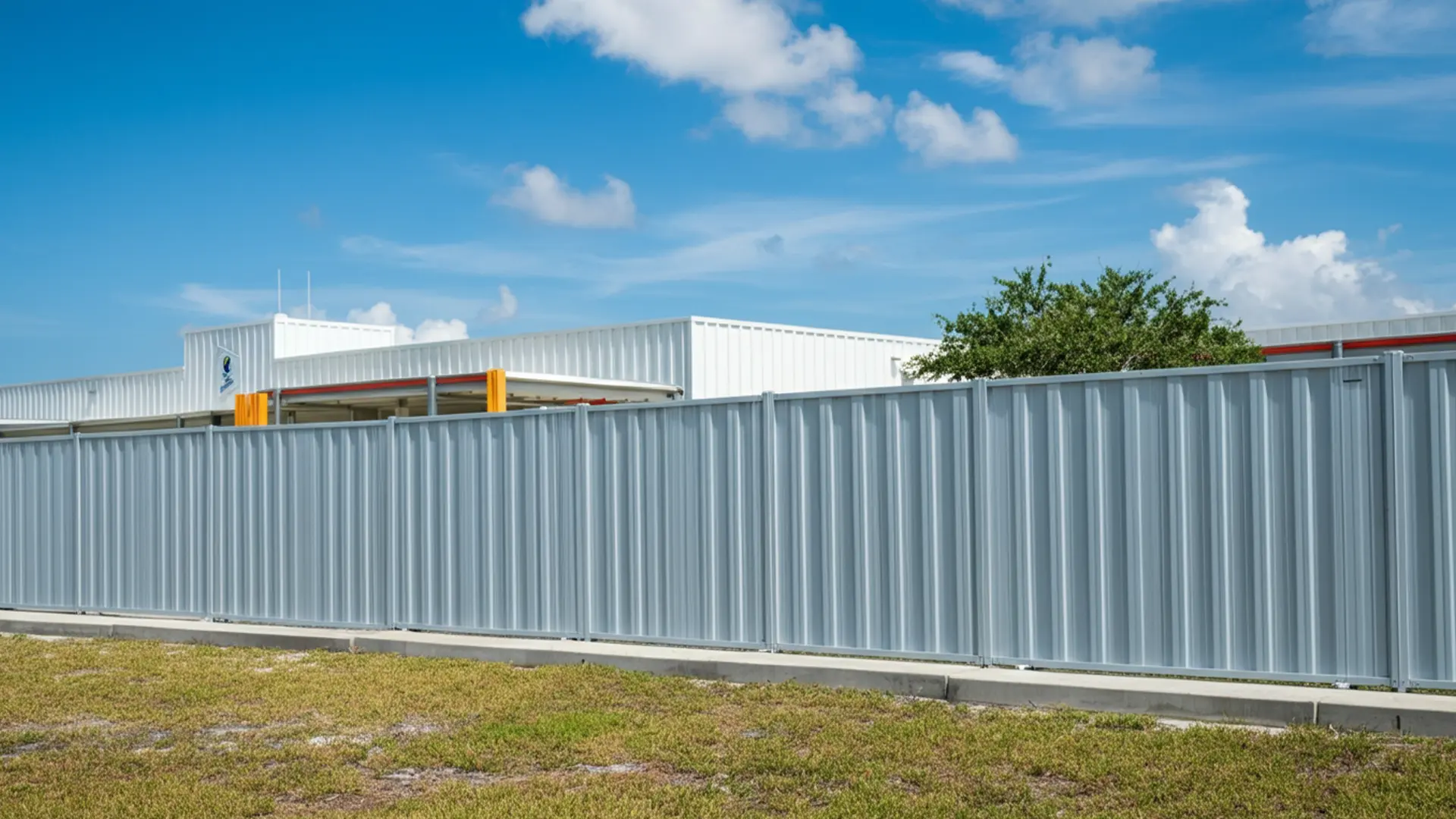 A tall gray corrugated metal panel fence runs along the edge of a commercial property, with a white industrial building and partial view of a tree visible behind it. The scene is set under a bright blue sky with scattered clouds.